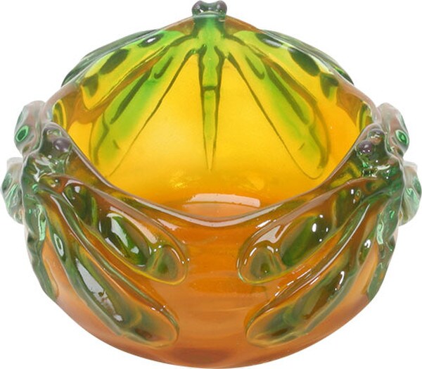 Damselfly Sculpture Bowl Yellow and Green Coloring Decorative Art
